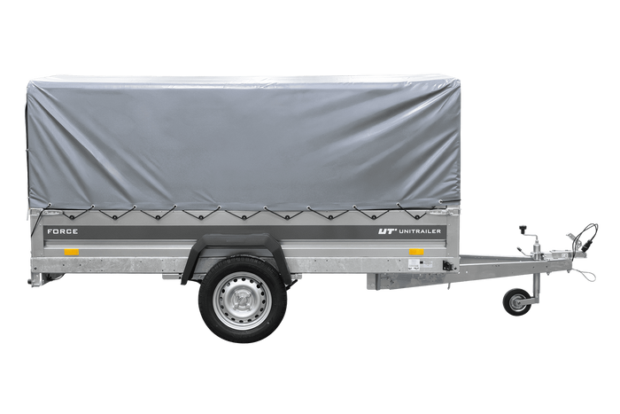 Enkelassige aanhanger op veren 264x125 UNITRAILER FORCE 264/R KIPP met H-800 frame en grijze afdekking