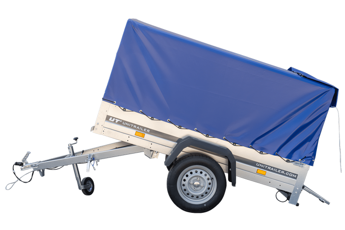 Enkelassige aanhanger 200x106 UNITRAILER GARDEN 200 KIPP met H-800 frame en blauw dekzeil