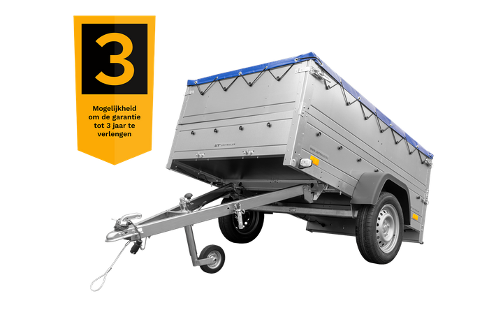 Unitrailer GARDEN TRAILER 201 KIPP met steunwiel, bis sideboards en blauw plat dekzeil
