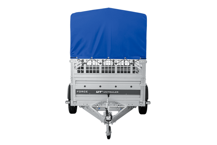 Autotransportaanhanger op veren 230x125 UNITRAILER FORCE 230/R KIPP met gaaswanden, H-800 frame en blauwe hoes