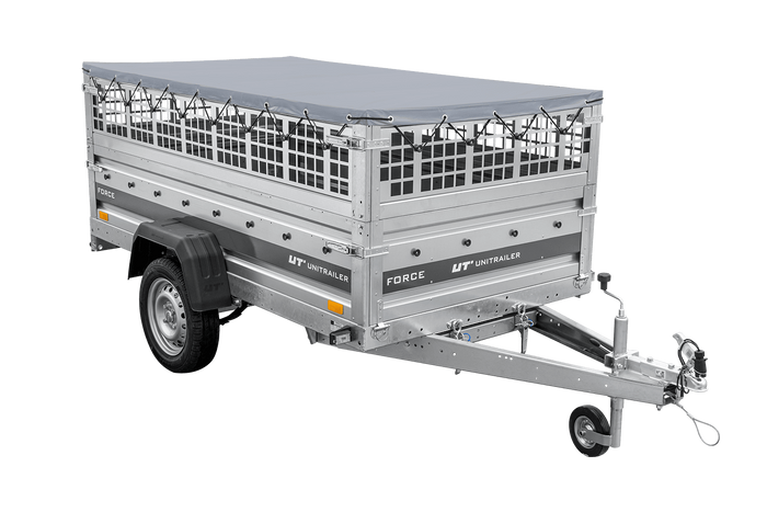 Lichte aanhanger op veren 230x125 UNITRAILER FORCE 230/R KIPP met gaaswanden, H-0 frame en grijze afdekking