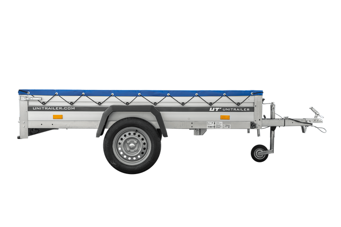 Enkelassige aanhanger met aluminium zijwanden 230x125 Unitrailer Garden 230 KIPP ALU met H-0 frame en blauwe afdekking