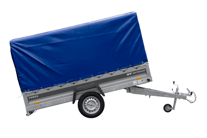 Autotrailer 264x125 UNITRAILER FORCE 264 KIPP met H-1100 frame en blauwe hoes