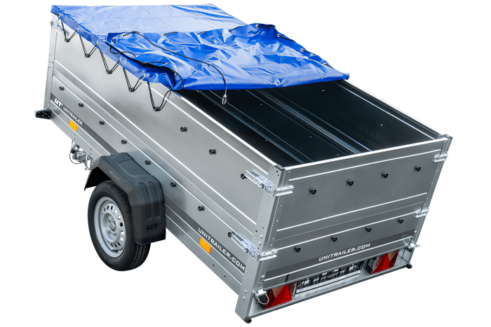 Lichte aanhanger 230x125 UNITRAILER GARDEN 230 KIPP met BIS-zijwanden en blauw dekzeil