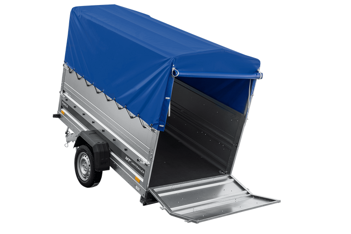 Autotransporter 230x125 UNITRAILER FORCE 230 KIPP met BIS-zijwanden, H-800 frame en blauwe afdekking