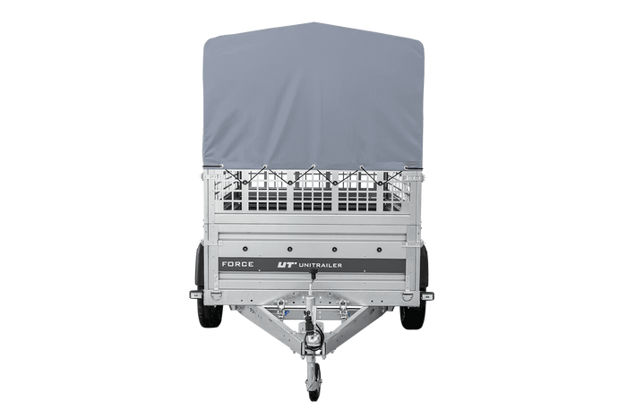 Autotransportaanhanger op veren 230x125 UNITRAILER FORCE 230/R KIPP met gaaswanden, H-800 frame en grijze afdekking