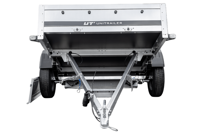 Enkelassige aanhangwagen op veren 230x125 UNITRAILER GARDEN 230/R KIPP met H-800 frame en blauw dekzeil