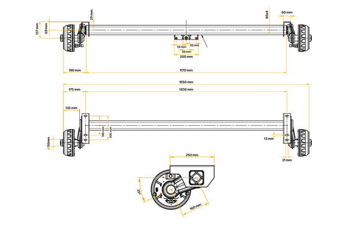 KNOTT VGB13M geremde as voor aanhanger/autotransporter 1350 kg 1200 mm 1550 mm 5x112