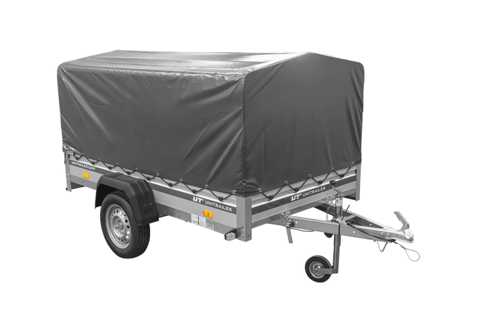 Enkelassige aanhanger met aluminium zijwanden 230x125 Unitrailer Garden 230 KIPP ALU met H-800 frame en grijze afdekking