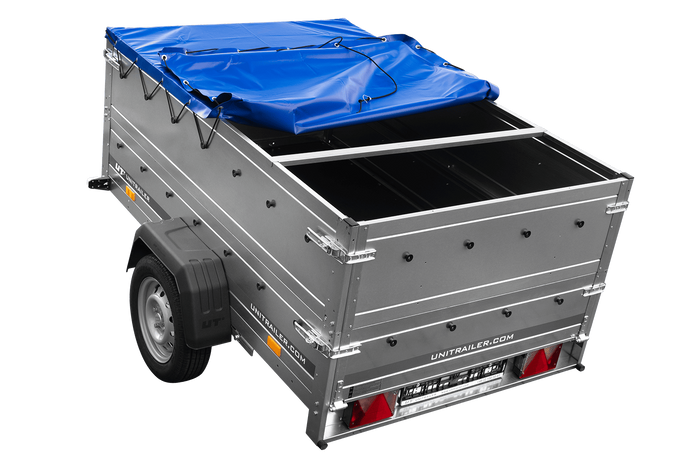 Lichte aanhangwagen op veren 200x125 UNITRAILER GARDEN 201/R KIPP met BIS zijwanden, H-0 frame en blauw zeil
