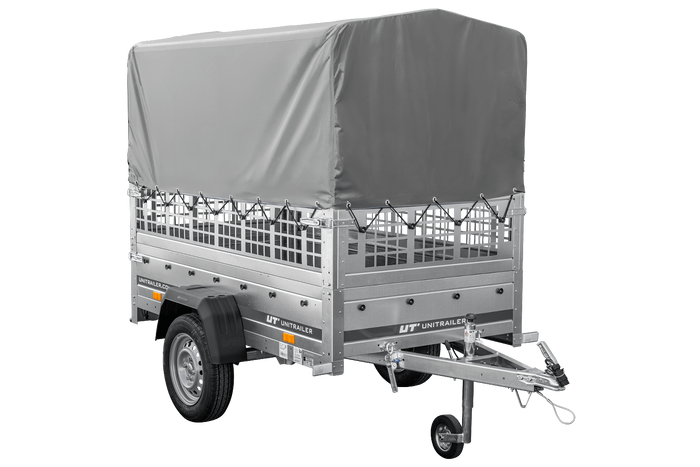 Autoaanhanger 200x106 UNITRAILER GARDEN 200 KIPP met gaaswanden, H-800 frame en grijze afdekking