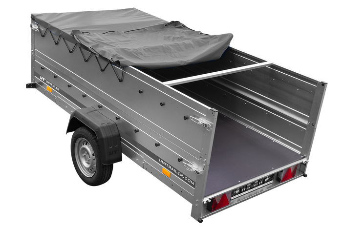 Enkelassige aanhangwagen op veren 264x125 UNITRAILER GARDEN 264/R KIPP met BIS zijwanden, H-0 frame en grijs zeil