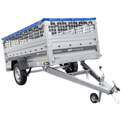 Enkelassige aanhanger op veren 264x125 UNITRAILER FORCE 264/R KIPP met gaaswanden, H-0 frame en blauw dekzeil