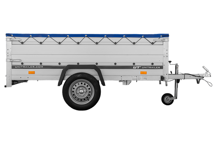 Enkelassige aanhanger met aluminium zijwanden 230x125 Unitrailer Garden 230 KIPP ALU met BIS-zijwanden, H-0 frame en blauwe afdekking