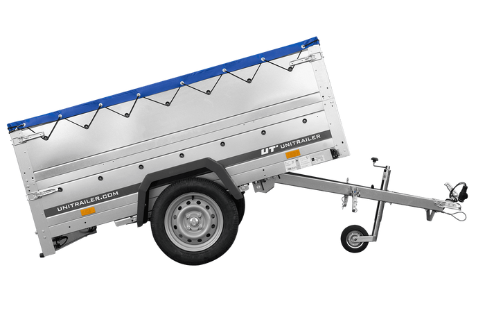 Lichte aanhangwagen op veren 200x125 UNITRAILER GARDEN 201/R KIPP met BIS zijwanden, H-0 frame en blauw zeil