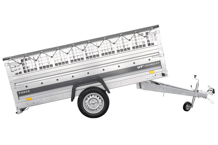 Enkelassige aanhanger 264x125 UNITRAILER FORCE 264 KIPP met gaaswanden, H-0 frame en grijze afdekking