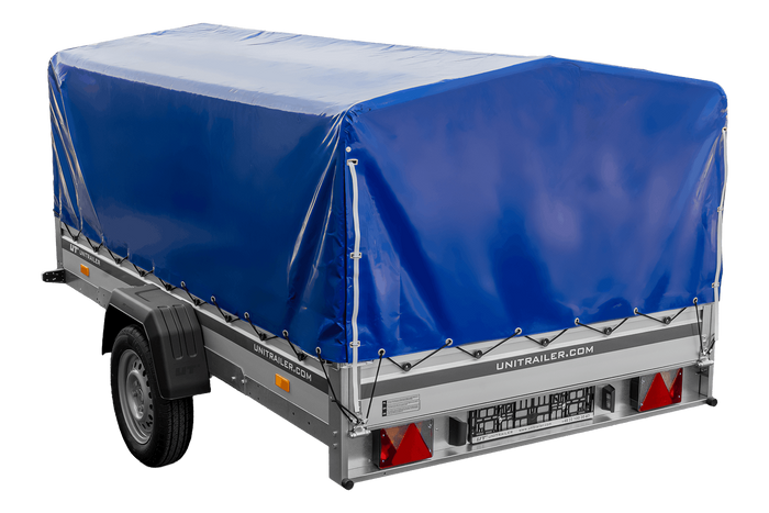 Enkelassige aanhanger met aluminium zijwanden 264x150 Unitrailer Garden 265 KIPP ALU met H-800 frame en blauwe afdekking