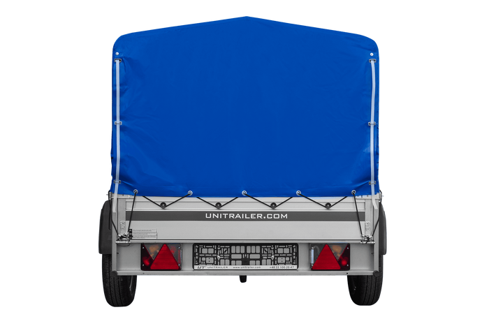 Enkelassige aanhanger met aluminium zijwanden 200x125 Unitrailer Garden 201 KIPP ALU met H-800 frame en blauwe afdekking