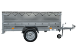 Eenassige aanhanger met een GARDEN TRAILER 230 KIPP met een steunwiel, twee zijkanten en een grijze vlakke kap