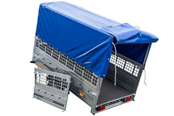 Enkelassige aanhanger 230x125 UNITRAILER GARDEN 230 KIPP met gaaswanden, H-800 frame en blauw dekzeil