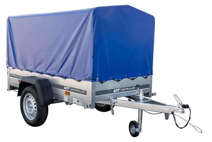 Enkelassige aanhanger 200x106 UNITRAILER GARDEN 200 KIPP met H-800 frame en blauw dekzeil