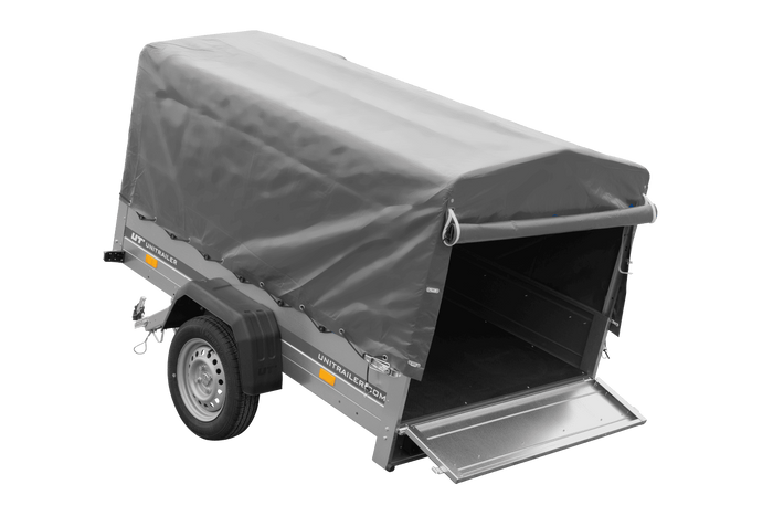 Enkelassige aanhanger 200x125 UNITRAILER GARDEN 201 KIPP met H-800 frame en grijze afdekking