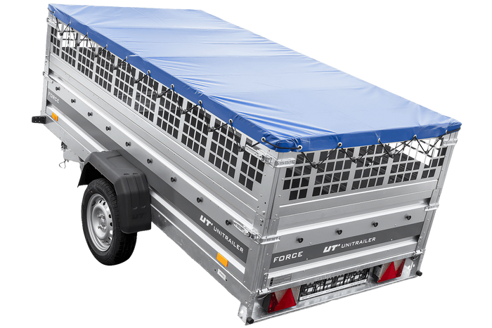 Enkelassige aanhanger 264x125 UNITRAILER FORCE 264 KIPP met gaaswanden, H-0 frame en blauwe afdekking.