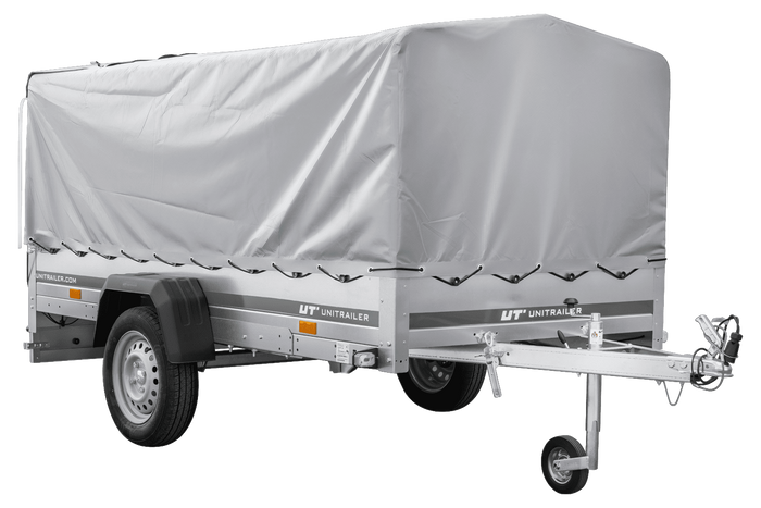 Enkelassige aanhangwagen op veren 264x125 UNITRAILER GARDEN 264/R KIPP met H-800 frame en grijs zeil