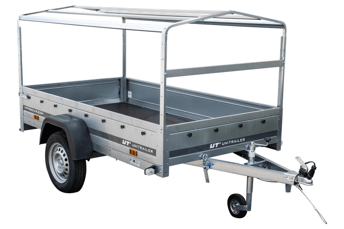 Enkelassige aanhanger 230x125 UNITRAILER GARDEN 230 KIPP met H-800 frame en grijze afdekking