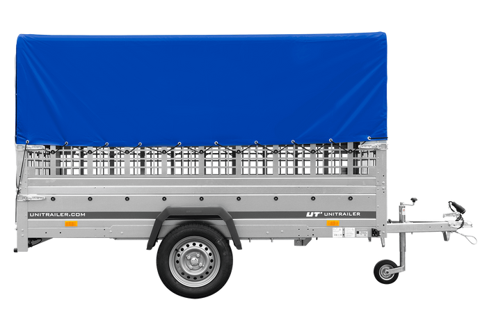 Lichte aanhangwagen 264x125 UNITRAILER GARDEN 264 KIPP met gaaswanden, H-800 frame en blauwe kap