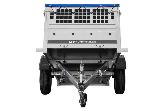 Garden trailer 200 kipp met steunwiel, gaaszijzijden en blauw plat dekzeil