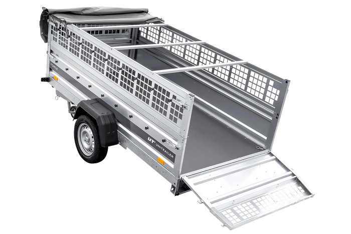 Enkelassige aanhanger op veren 264x125 UNITRAILER FORCE 264/R KIPP met gaaswanden, H-0 frame en grijs dekzeil