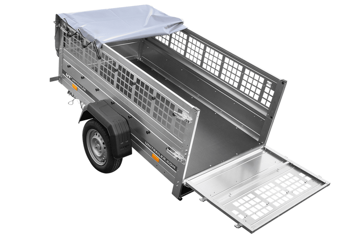 Enkelassige aanhanger 200x106 UNITRAILER GARDEN 200 KIPP met gaaswanden en grijs dekzeil