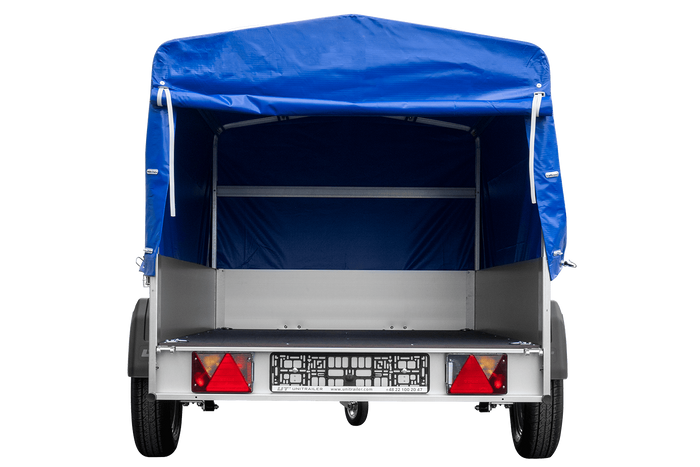 Autoaanhanger op veren met aluminium zijwanden 200x125 Unitrailer Garden 201/R KIPP ALU met H-800 frame en blauwe afdekking
