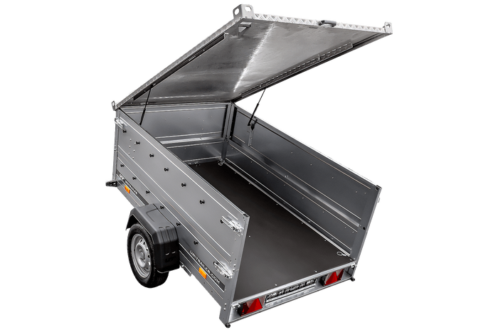 Enkelassige aanhangwagen op veren 230x125 UNITRAILER GARDEN 230/R KIPP met BIS zijwanden en aluminium afdekplaat