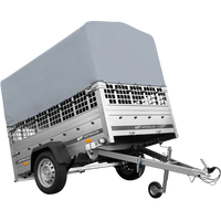 Enkelassige aanhangwagen op veren 200x125 UNITRAILER GARDEN 201/R KIPP met roosterwanden, H-800 frame en grijze afdekking