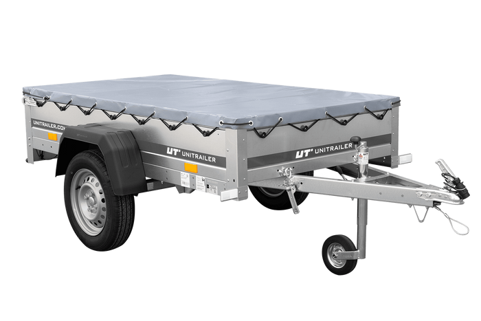 Enkelassige aanhanger 200x106 UNITRAILER GARDEN 200 KIPP met H-0 frame en grijze afdekking