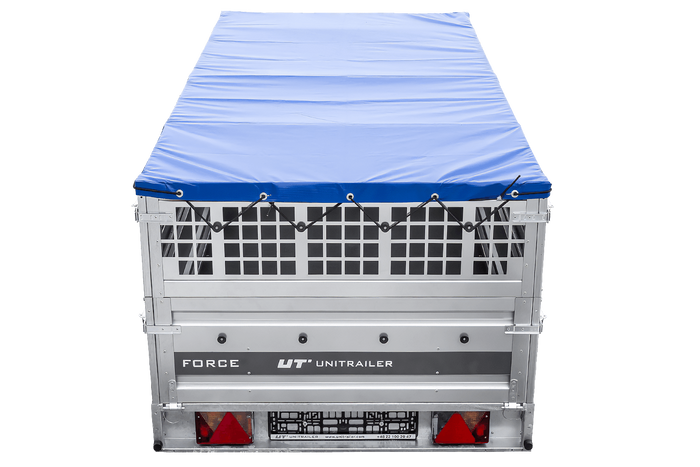 Enkelassige aanhanger op veren 264x125 UNITRAILER FORCE 264/R KIPP met gaaswanden, H-0 frame en blauw dekzeil