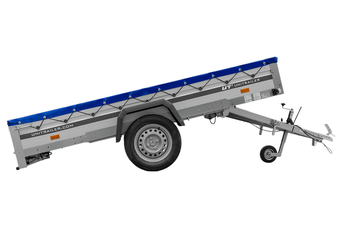 Autoaanhanger met aluminium zijwanden 264x150 Unitrailer Garden 265 KIPP ALU met H-0 frame en blauwe afdekking