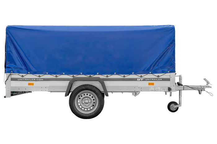 Enkelassige aanhanger met aluminium zijwanden 264x150 Unitrailer Garden 265 KIPP ALU met H-800 frame en blauwe afdekking