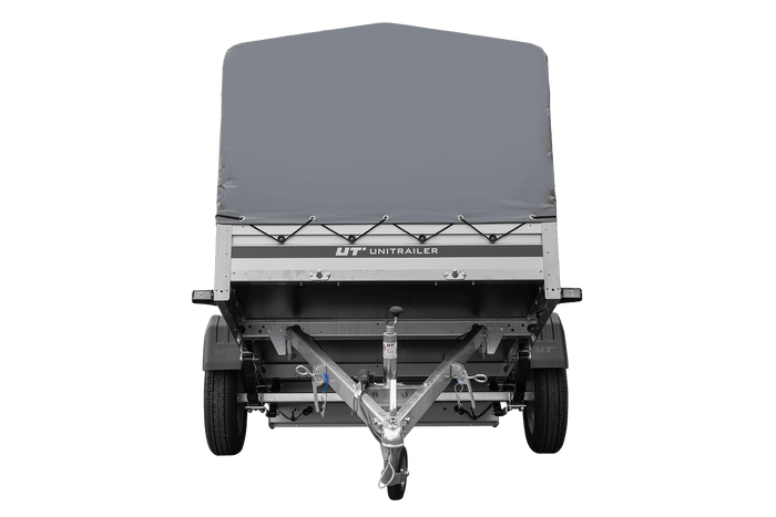 Enkelassige aanhanger op veren met aluminium zijwanden 230x125 Unitrailer Garden 230/R KIPP ALU met H-800 frame en grijze afdekking