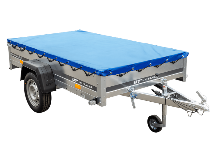 Garden trailer 230 kipp met steunwiel en platte blauwe afdekking
