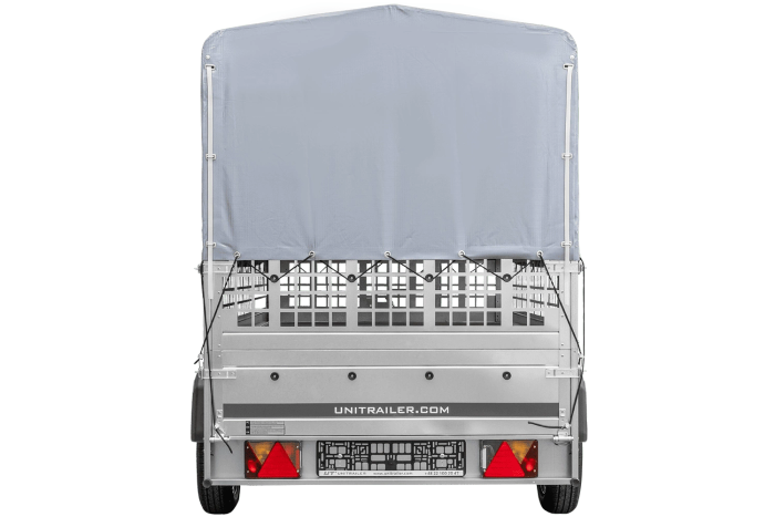 Autoaanhangwagen op veren 264x125 UNITRAILER GARDEN 264/R KIPP met gaaswanden, H-800 frame en grijze afdekking