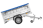 Enkelassige aanhanger 200x106 UNITRAILER GARDEN 200 KIPP met gaaswanden en blauw dekzeil