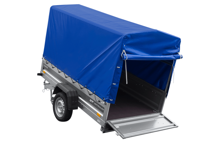 Lichte aanhanger 230x125 UNITRAILER FORCE 230 KIPP met H-1100 frame en blauwe hoes