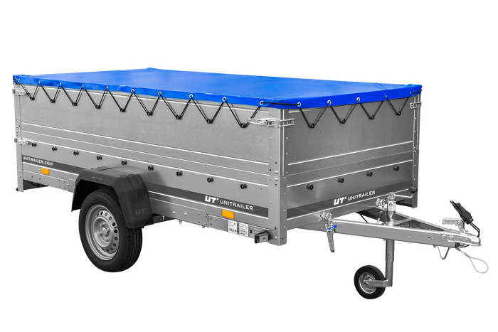 Enkelassige aanhangwagen op veren 264x125 UNITRAILER GARDEN 264/R KIPP met BIS zijwanden, H-0 frame en blauw dekzeil