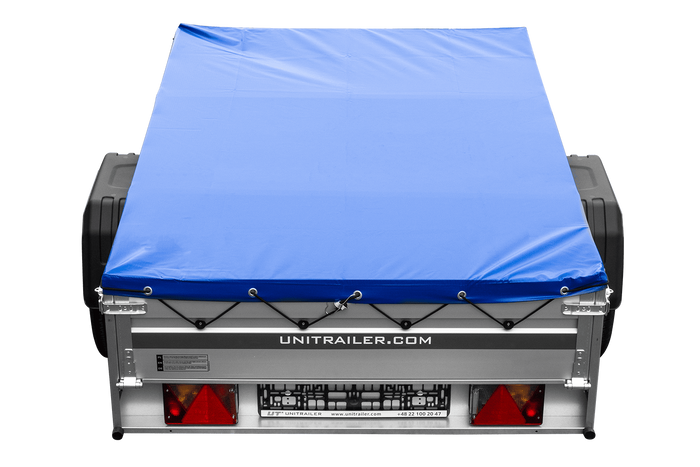 Enkelassige aanhanger op veren met aluminium zijwanden 200x125 Unitrailer Garden 201/R KIPP ALU met H-0 frame en blauwe afdekking