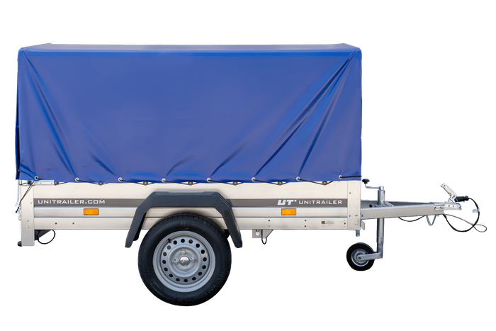 Enkelassige aanhanger 200x106 UNITRAILER GARDEN 200 KIPP met H-800 frame en blauw dekzeil
