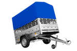 Enkelassige aanhangwagen op veren 200x125 UNITRAILER GARDEN 201/R KIPP met roosterwanden, H-800 frame en blauwe afdekking