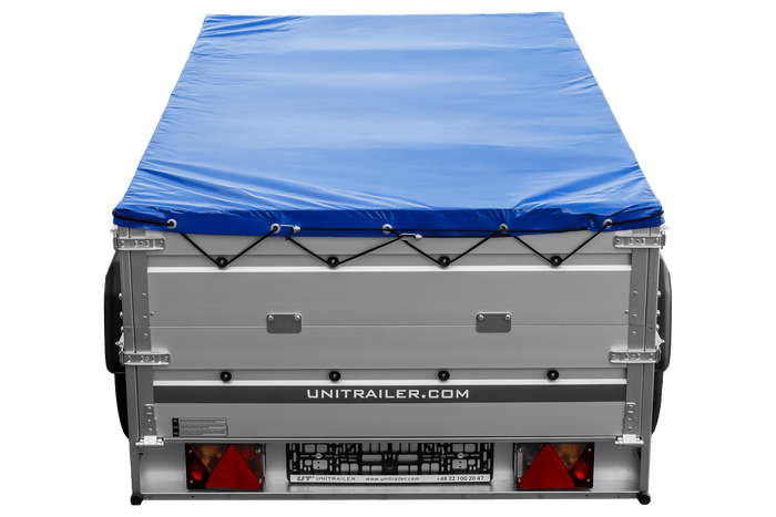 Enkelassige aanhanger met aluminium zijwanden 230x125 Unitrailer Garden 230 KIPP ALU met BIS-zijwanden, H-0 frame en blauwe afdekking